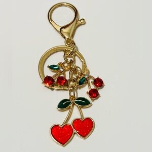 Hearts & Cherries Bag Charm Keychain NIP Rhinestones Red Green Gold NEW